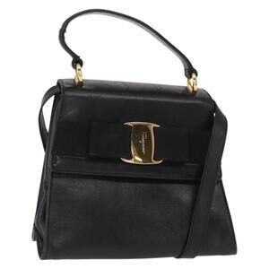 Salvatore Ferragamo Vala Hand Bag Leather 2way Black Gold Auth BA8780